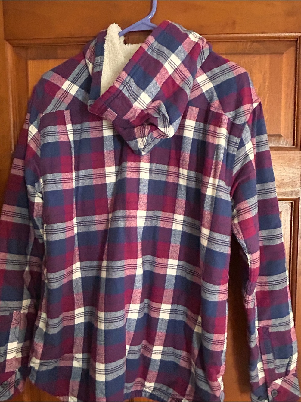 Boston Trader’s Cozy Hooded Plaid Fleece lined Shirt Jacket - Navy & Burgundy M.